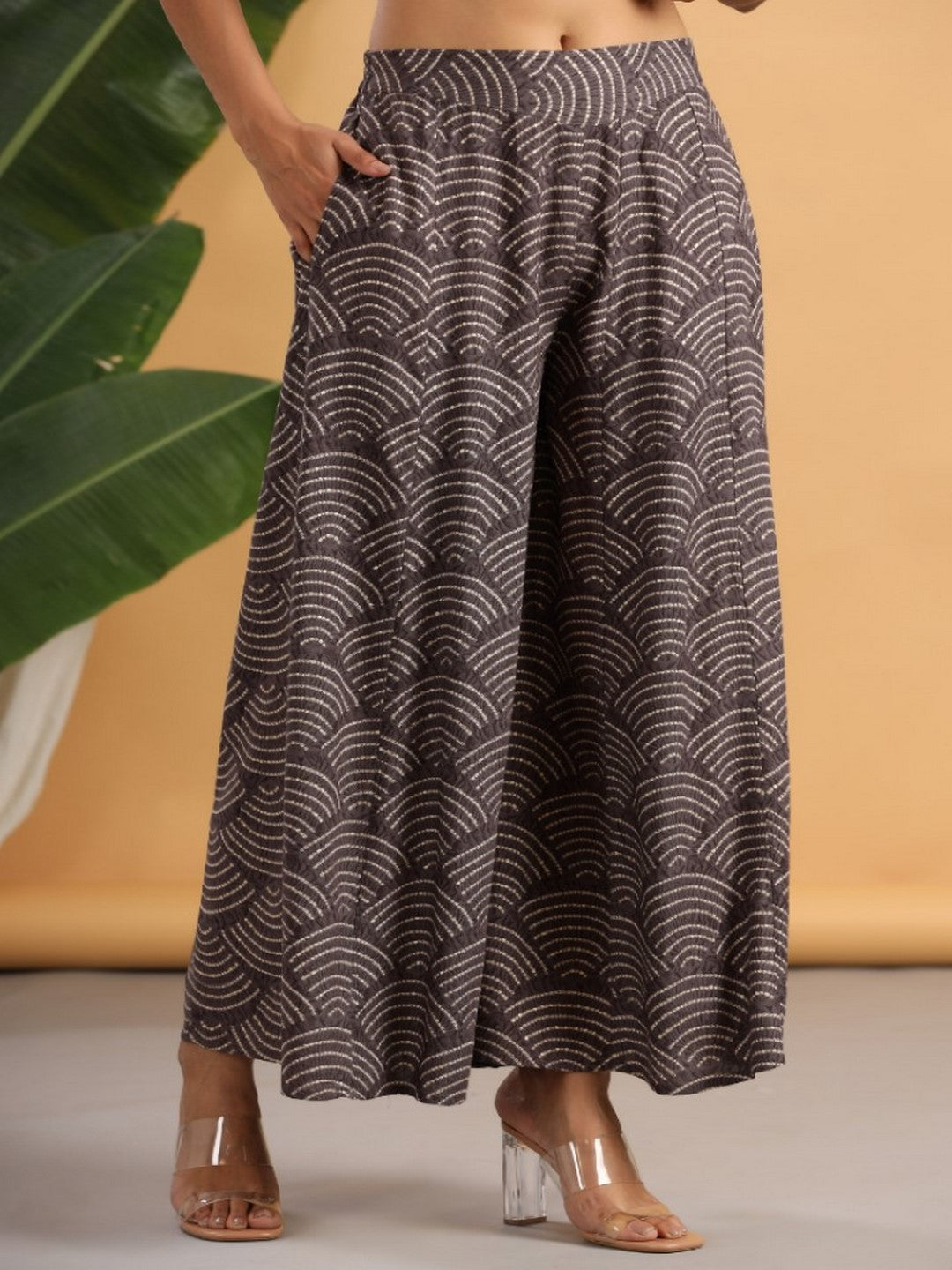 Grey Ethnic Motif Printed Rayon Flared  & Kalidar Palazzo