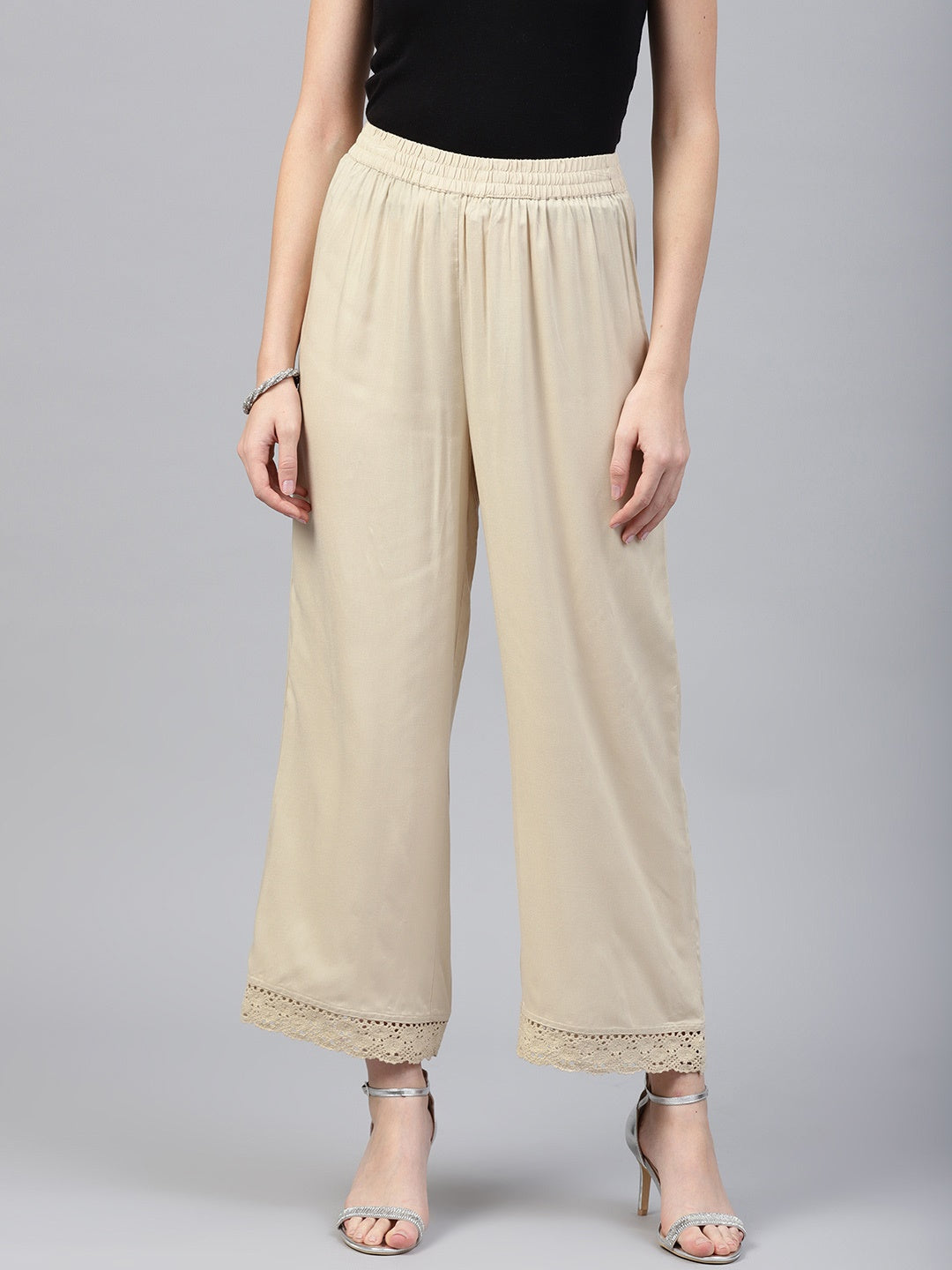 Beige Solid Rayon Wide Leg Women Palazzo With One Pocket