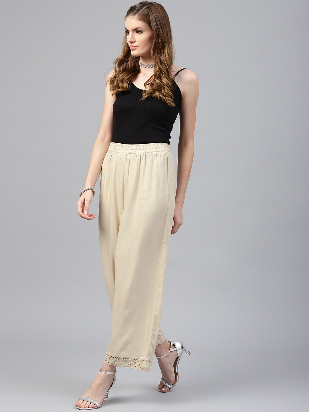 Beige Solid Rayon Wide Leg Women Palazzo With One Pocket