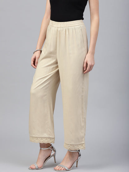 Beige Solid Rayon Wide Leg Women Palazzo With One Pocket