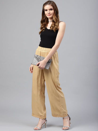 Gold Solid Rayon Wide Leg Women Palazzo With One Pocket