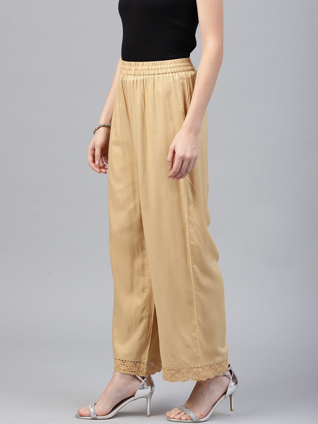 Gold Solid Rayon Wide Leg Women Palazzo With One Pocket