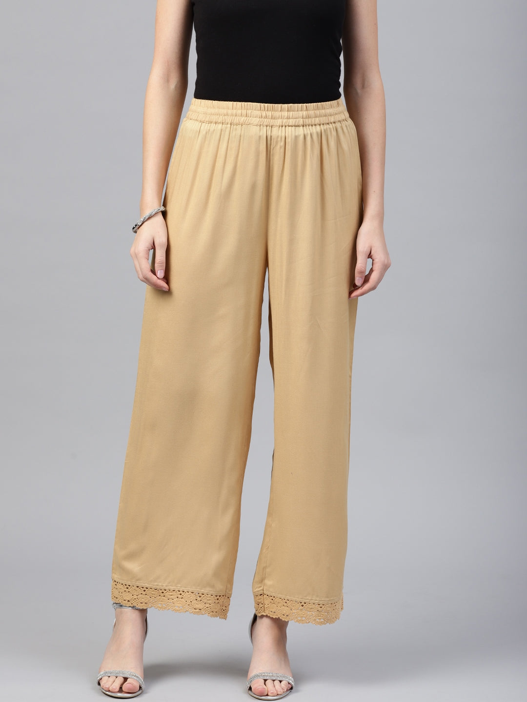 Gold Solid Rayon Wide Leg Women Palazzo With One Pocket