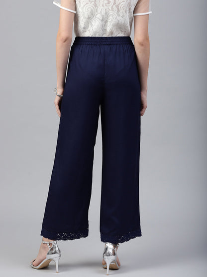 Navy Blue Solid Rayon Wide Leg Women Palazzo With One Pocket