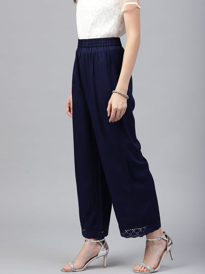 Navy Blue Solid Rayon Wide Leg Women Palazzo With One Pocket