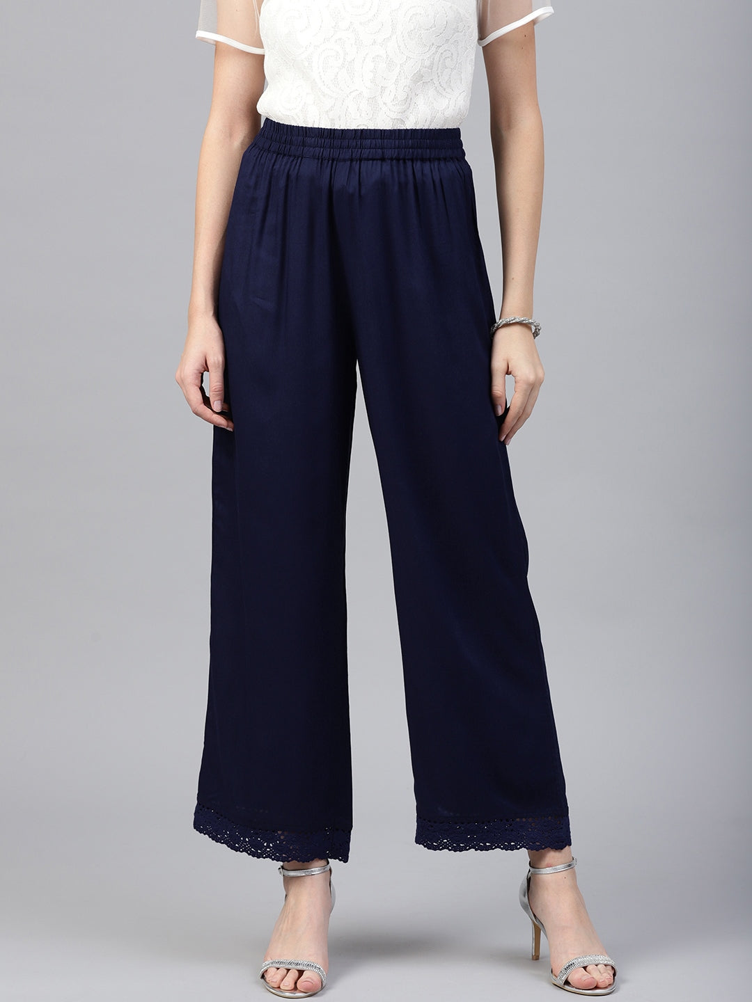 Navy Blue Solid Rayon Wide Leg Women Palazzo With One Pocket