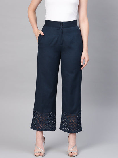 Navy Blue Cotton Flex Solid Wide Leg Women Palazzo With One Pocket