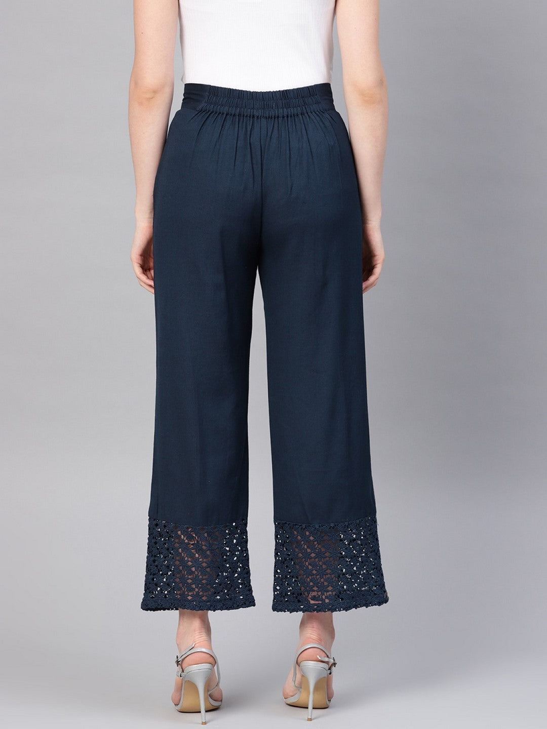 Navy Blue Cotton Flex Solid Wide Leg Women Palazzo With One Pocket