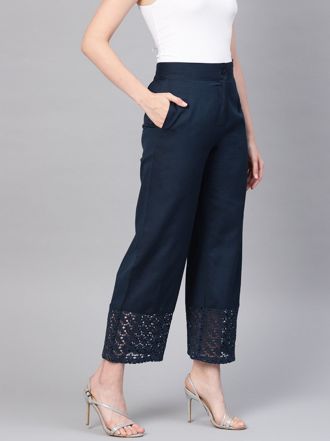 Navy Blue Cotton Flex Solid Wide Leg Women Palazzo With One Pocket