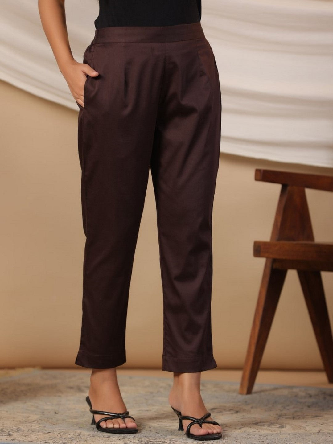 Brown Solid Lycra Women Drawstring Pants With Single Side Pocket