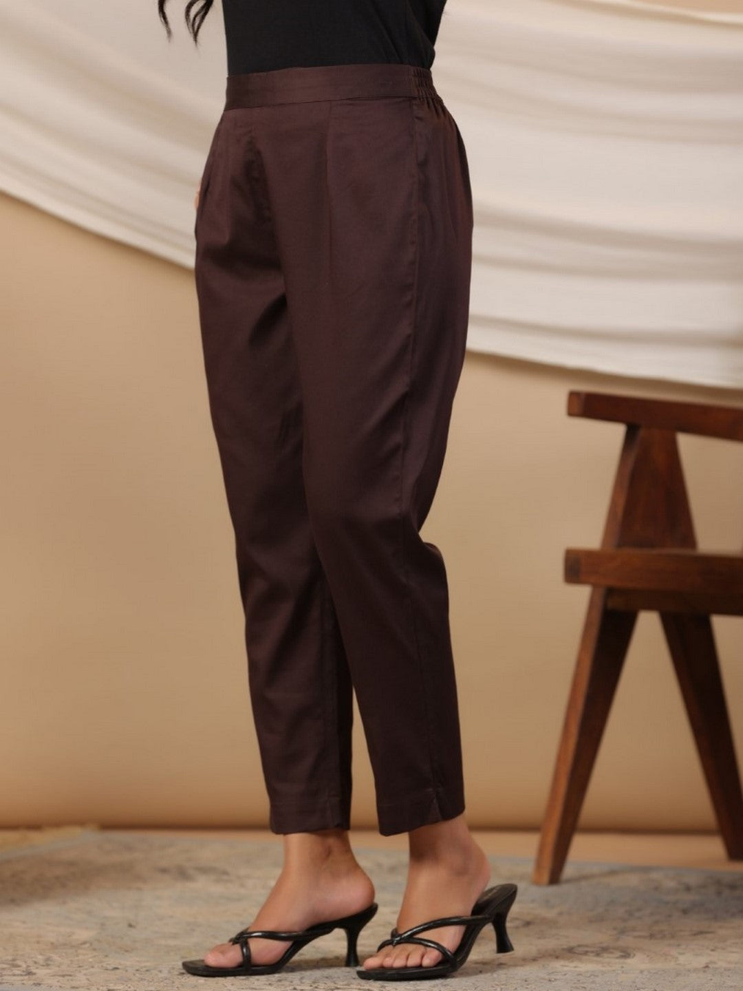 Brown Solid Lycra Women Drawstring Pants With Single Side Pocket