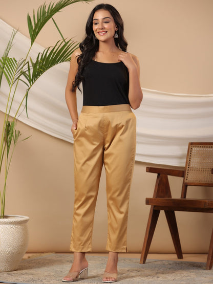 Gold Solid Lycra Women Drawstring Pants With Single Side Pocket