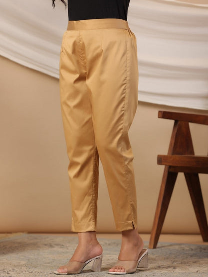 Gold Solid Lycra Women Drawstring Pants With Single Side Pocket