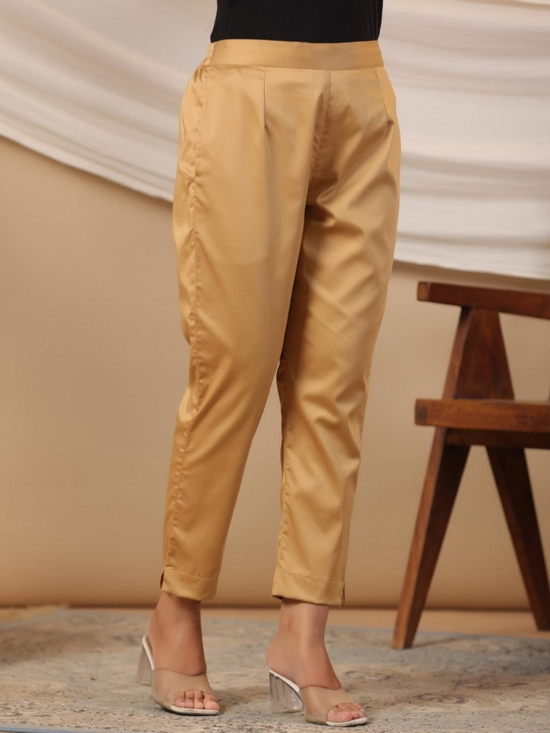 Gold Solid Lycra Women Drawstring Pants With Single Side Pocket