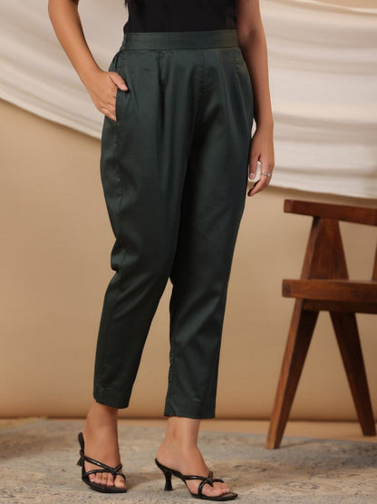 Jade Green Solid Lycra Women Drawstring Pants With Single Side Pocket