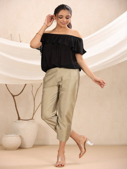 Beige Solid Silk Slim Fit Pants With A Pocket