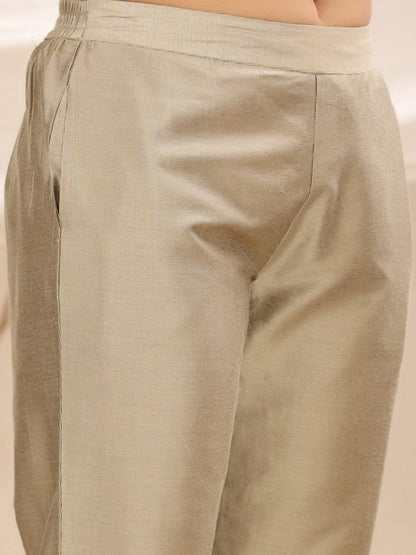 Beige Solid Silk Slim Fit Pants With A Pocket