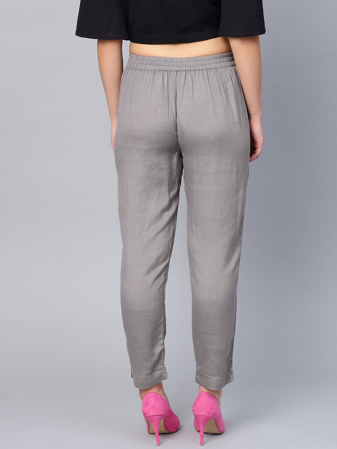 Grey Solid Rayon Flex Slim Fit Women Pants With Two Pockets