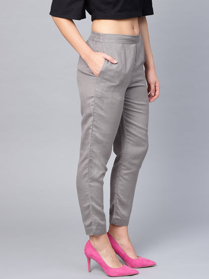 Grey Solid Rayon Flex Slim Fit Women Pants With Two Pockets