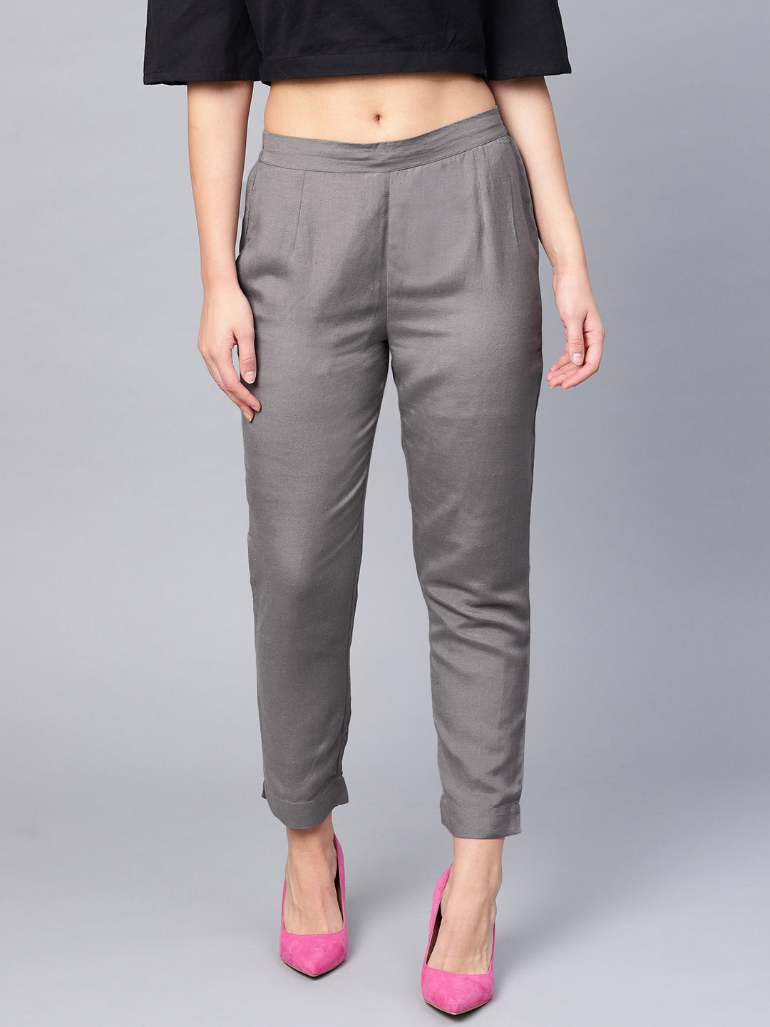 Grey Solid Rayon Flex Slim Fit Women Pants With Two Pockets