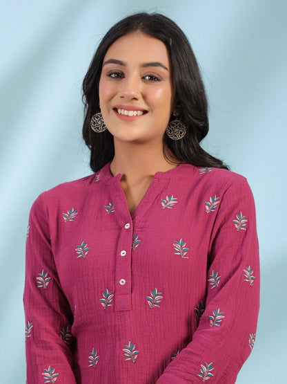 Wine Women Floral Embroidered High-Low Cotton Tunic With Half Placket