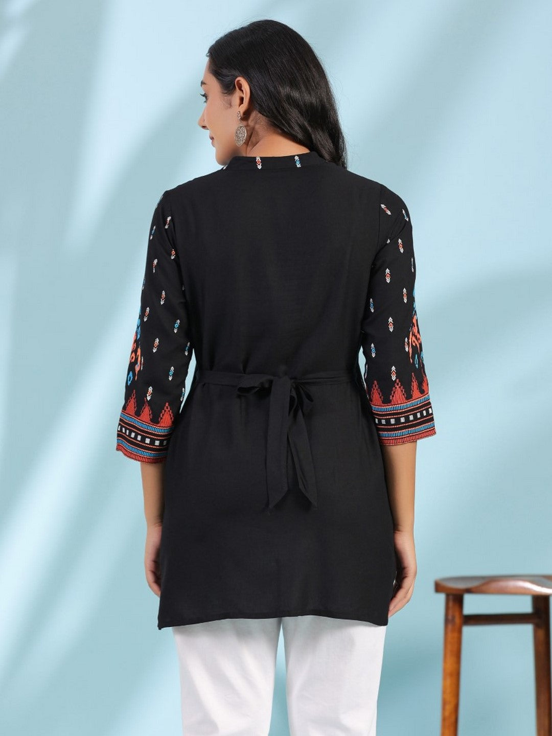 Black Rayon Ikat Placement Printed High-Low Tunic With Side Slits & Tassels