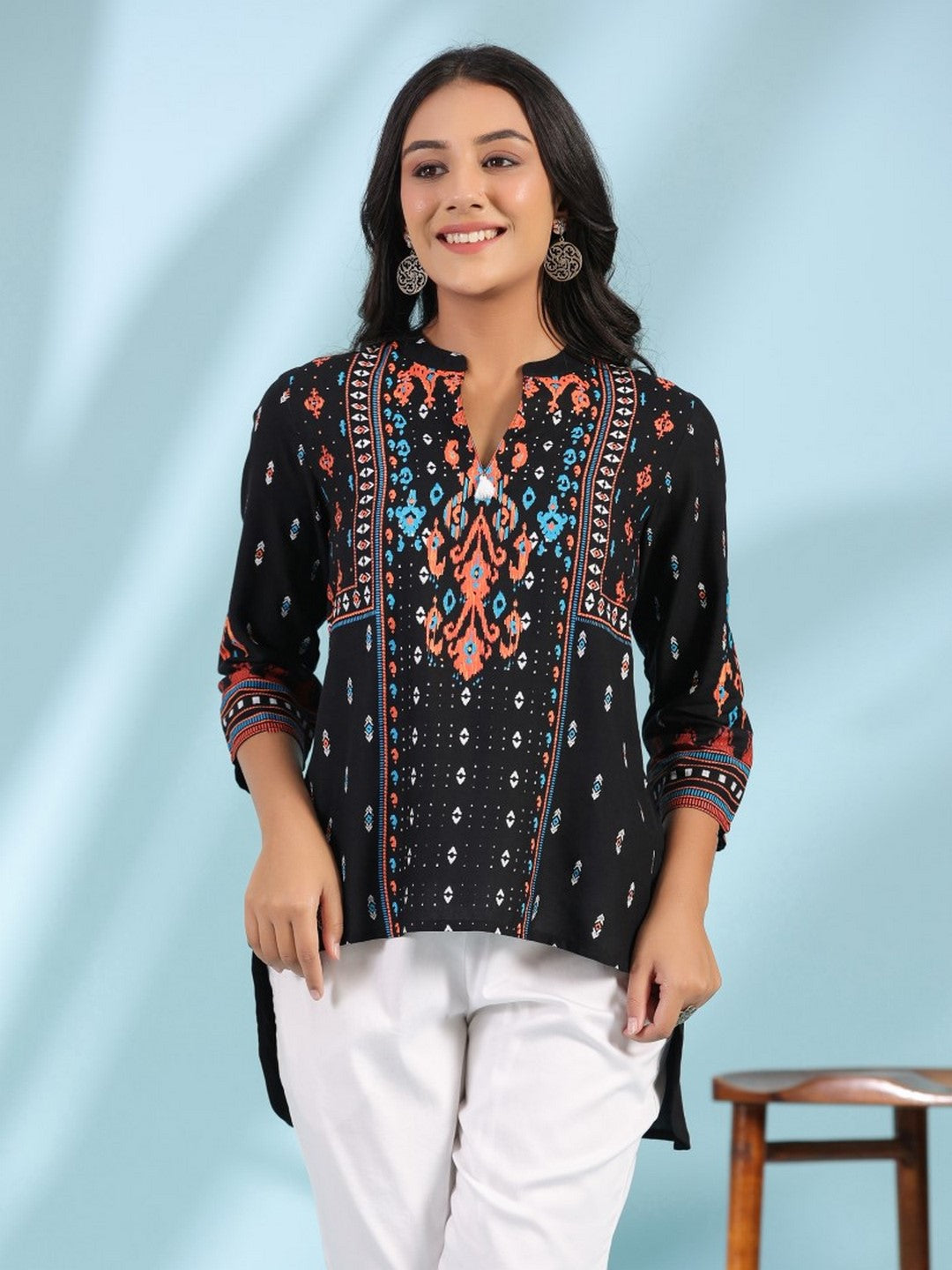 Black Rayon Ikat Placement Printed High-Low Tunic With Side Slits & Tassels