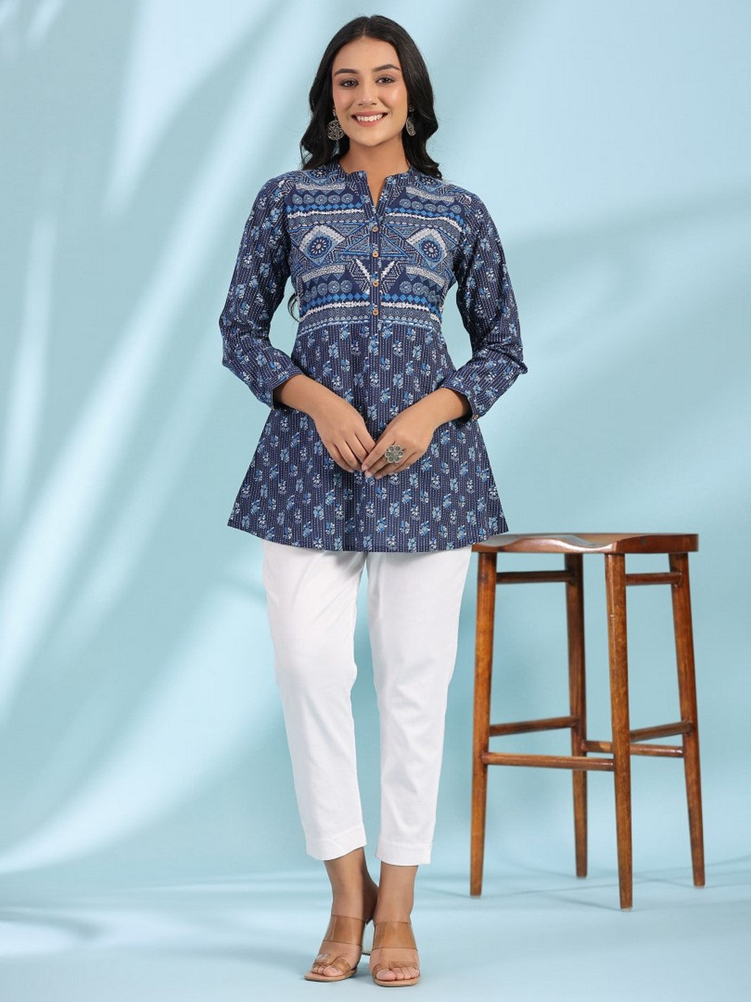 The Madhubala Blue Geometric Printed Pure Cotton Tunic