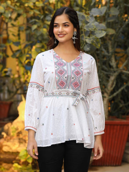 White Cotton Dobby Peplum Tunic With Multi Colored Thread Embroidery