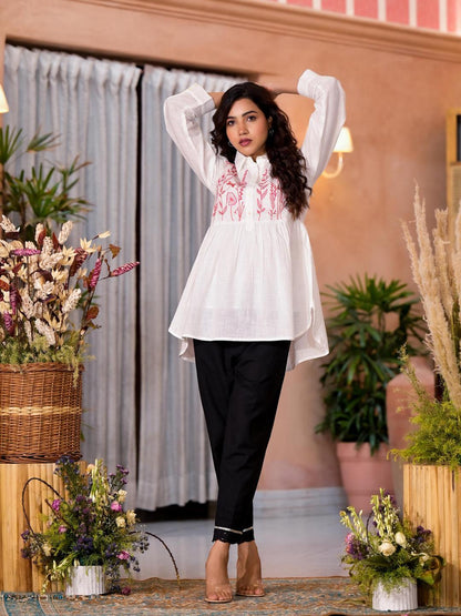 White Thread Embroidered Cotton Tunic With Button Closure