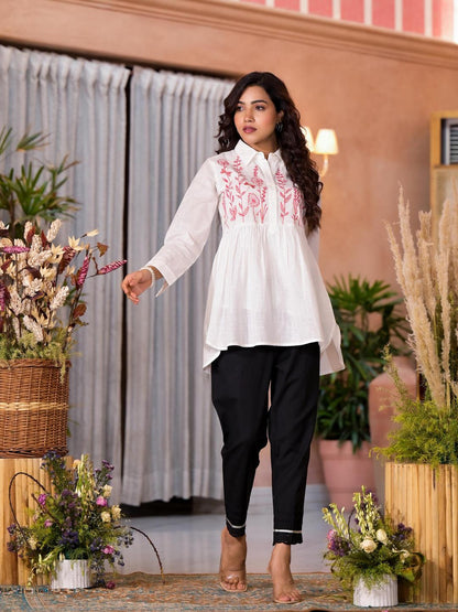 White Thread Embroidered Cotton Tunic With Button Closure