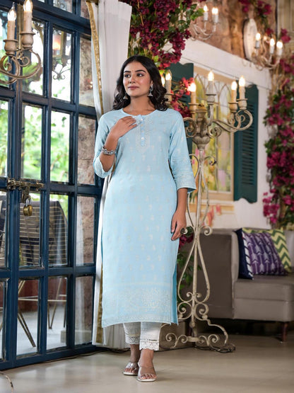 Powder Blue Ethnic Motif Printed Rayon Kurta With Buttons