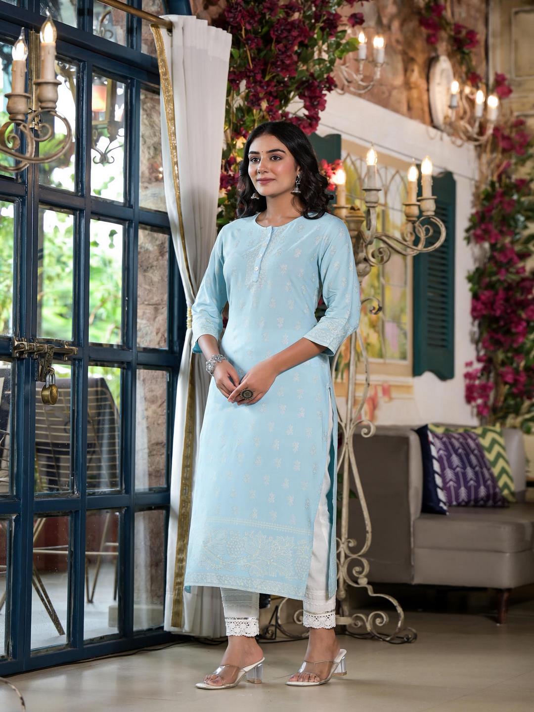 Powder Blue Ethnic Motif Printed Rayon Kurta With Buttons