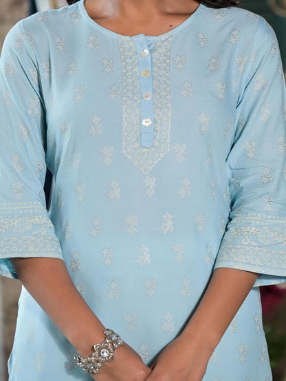 Powder Blue Ethnic Motif Printed Rayon Kurta With Buttons