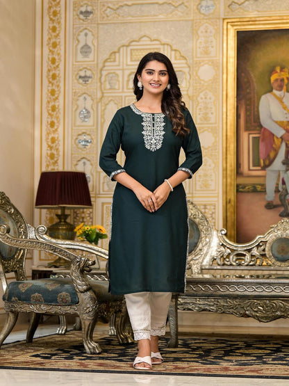 Green Thread Embroidered Rayon Kurta