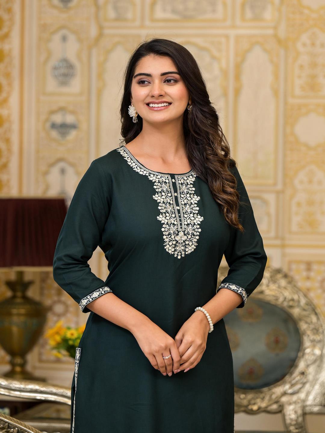 Green Thread Embroidered Rayon Kurta