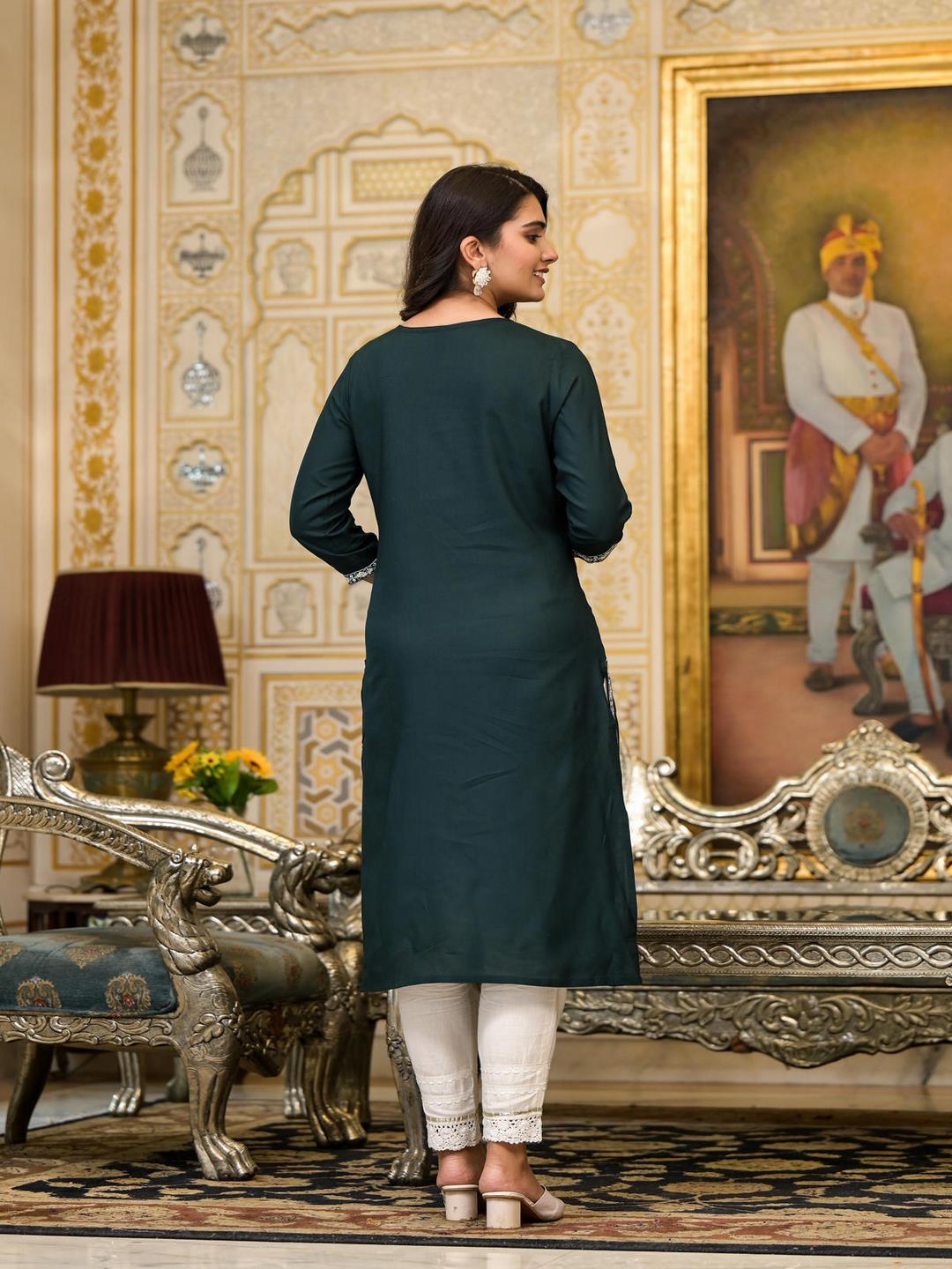 Green Thread Embroidered Rayon Kurta