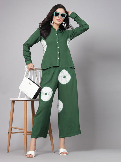 Green Tye-Dye Prints Co-Ords Set - Rayon Fabric, Full Sleeves, Shirt Collar And Hips Length