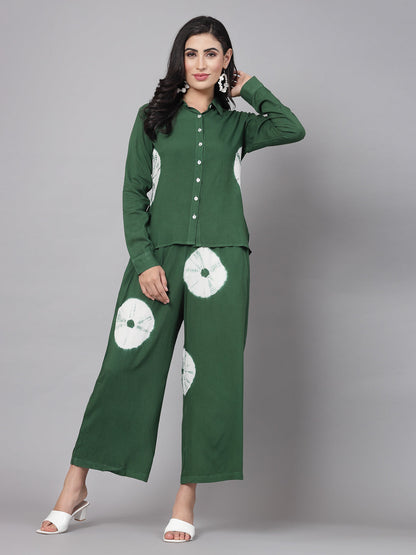 Green Tye-Dye Prints Co-Ords Set - Rayon Fabric, Full Sleeves, Shirt Collar And Hips Length