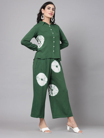 Green Tye-Dye Prints Co-Ords Set - Rayon Fabric, Full Sleeves, Shirt Collar And Hips Length