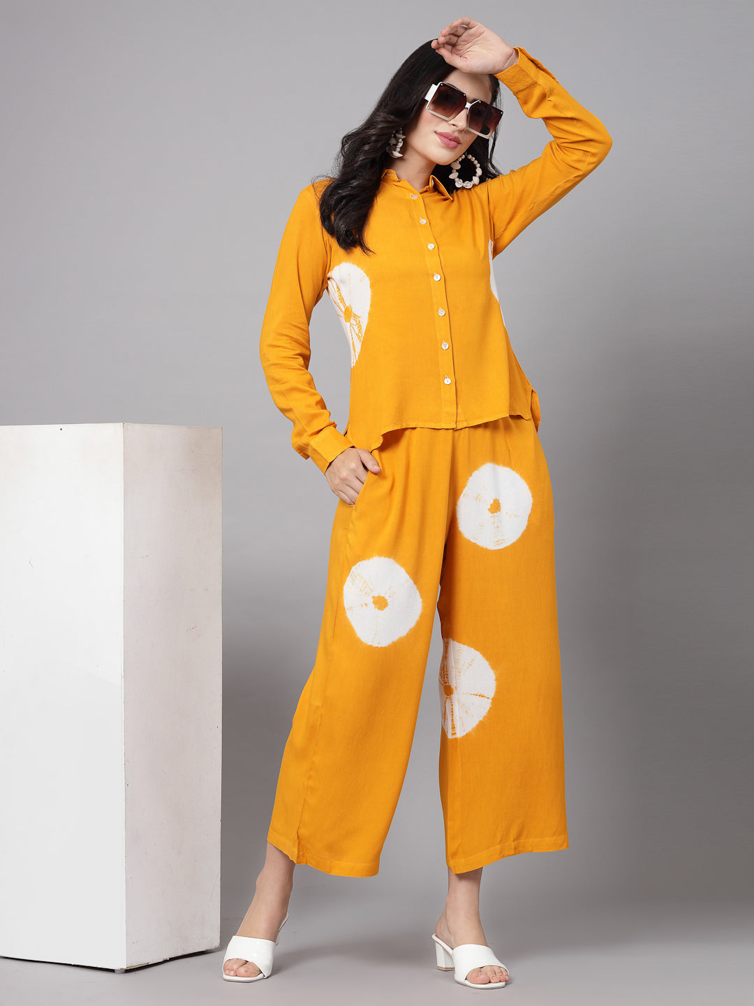 Mustard Tye-Dye Prints Co-Ords Set - Rayon Fabric, Full Sleeves, Shirt Collar And Hips Length