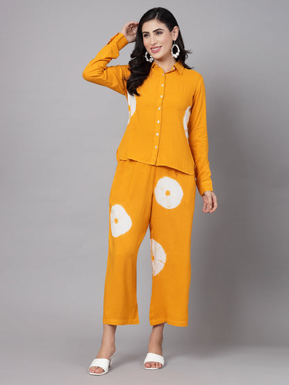 Mustard Tye-Dye Prints Co-Ords Set - Rayon Fabric, Full Sleeves, Shirt Collar And Hips Length