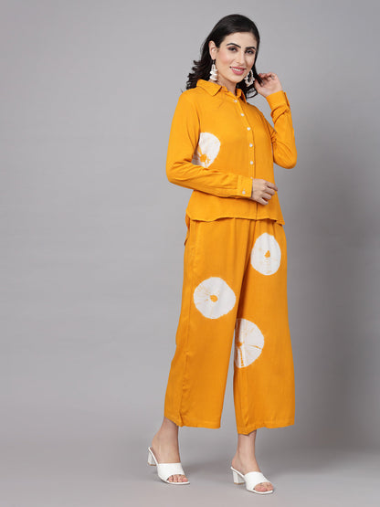 Mustard Tye-Dye Prints Co-Ords Set - Rayon Fabric, Full Sleeves, Shirt Collar And Hips Length