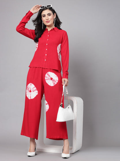 Red Tye-Dye Prints Co-Ords Set - Rayon Fabric, Full Sleeves, Shirt Collar And Hips Length