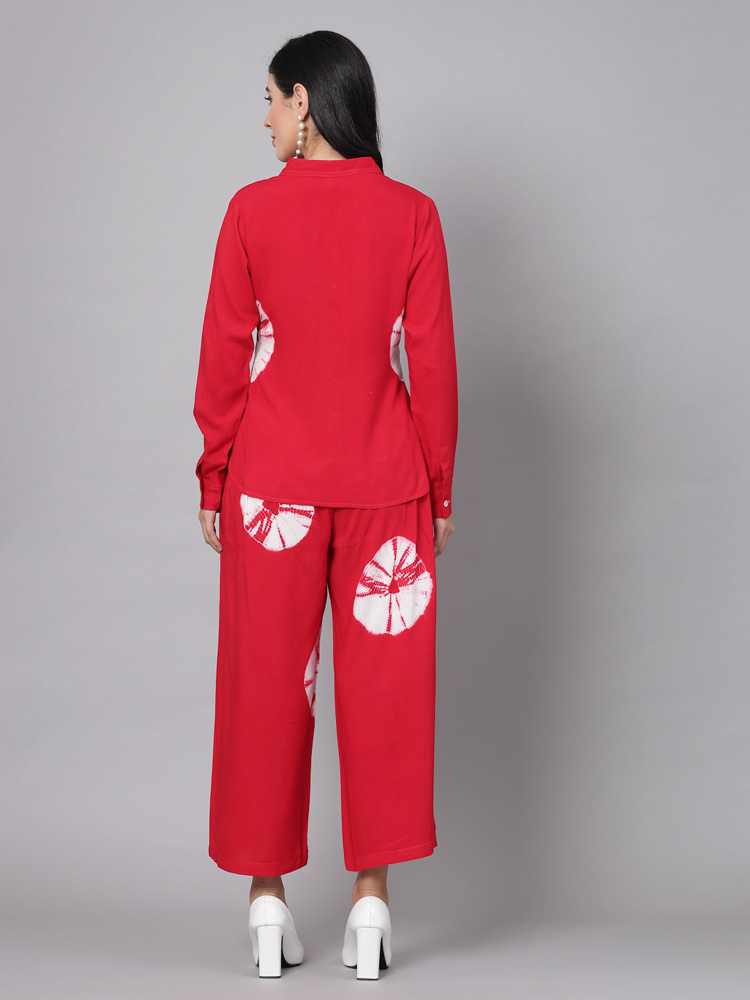 Red Tye-Dye Prints Co-Ords Set - Rayon Fabric, Full Sleeves, Shirt Collar And Hips Length