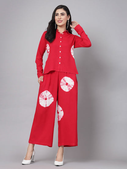 Red Tye-Dye Prints Co-Ords Set - Rayon Fabric, Full Sleeves, Shirt Collar And Hips Length