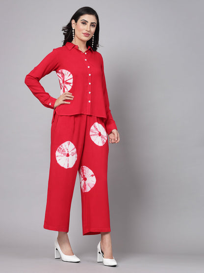 Red Tye-Dye Prints Co-Ords Set - Rayon Fabric, Full Sleeves, Shirt Collar And Hips Length