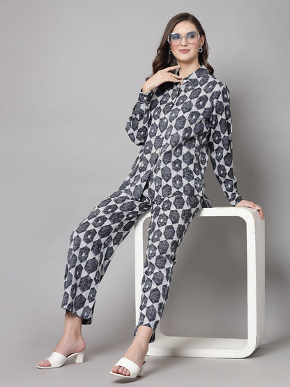 Grey Self-Design Co-Ords Set - Rayon Fabric, Full Sleeves, Shirt Collar And Hips Length