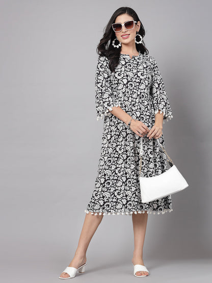 Black Floral Printed Dress - Rayon Fabric, 3/4 Sleeves, Keyhole Neck And Calf Length