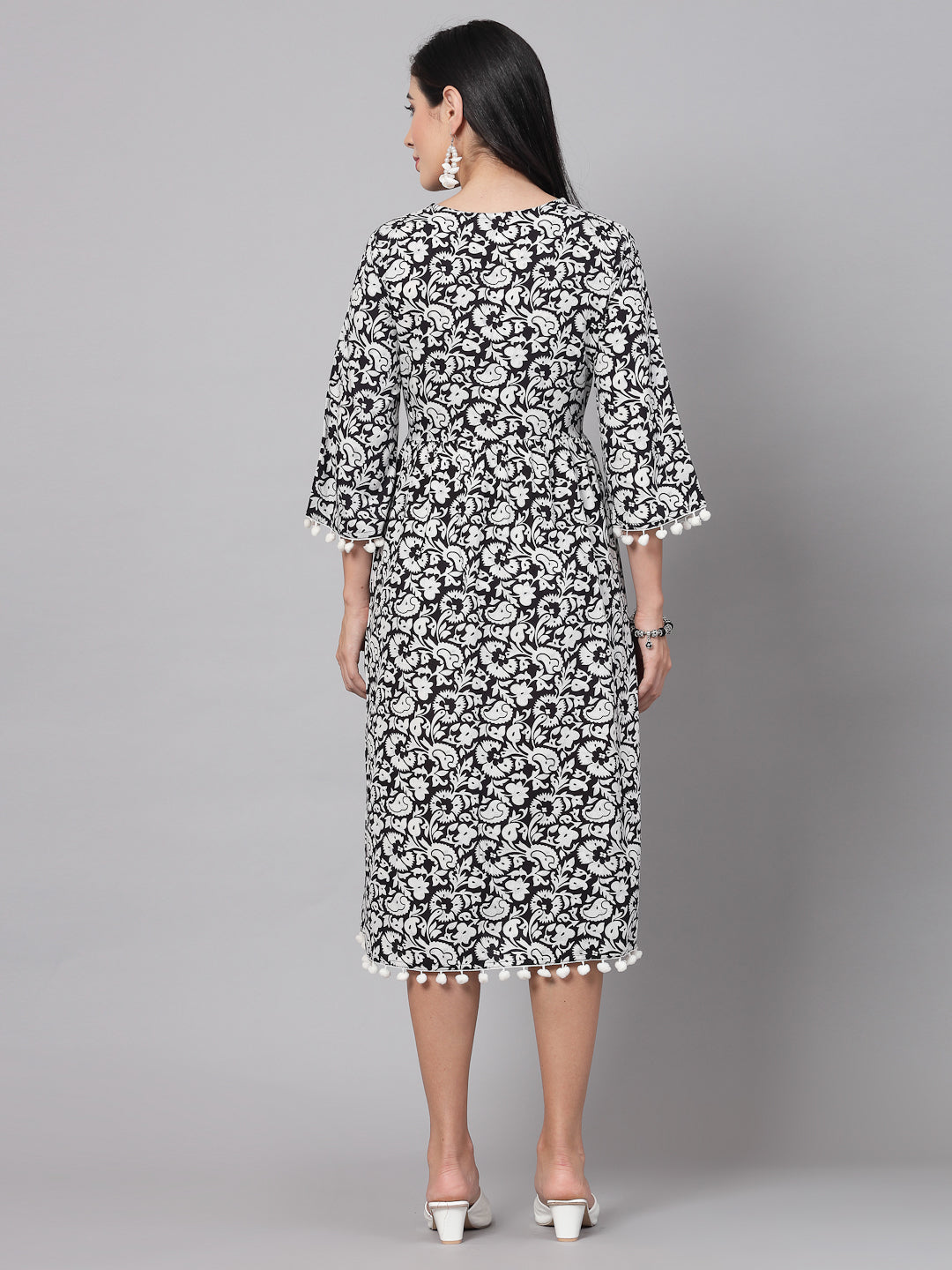 Black Floral Printed Dress - Rayon Fabric, 3/4 Sleeves, Keyhole Neck And Calf Length